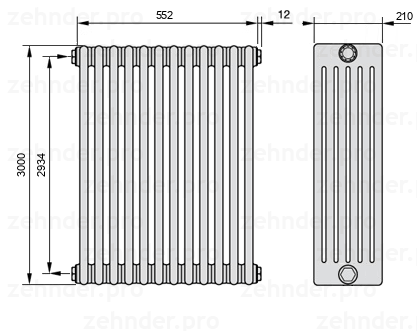 Схема (чертеж) Радиатор Zehnder Charleston 6300/12 №1270 Белый глянцевый RAL 9016